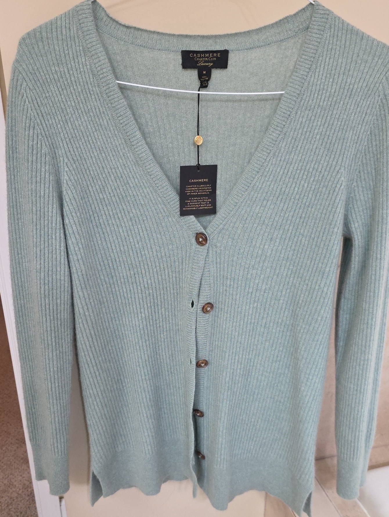 Charter Club Light Aqua Cashmere Ribbed V-Neck Cardigan